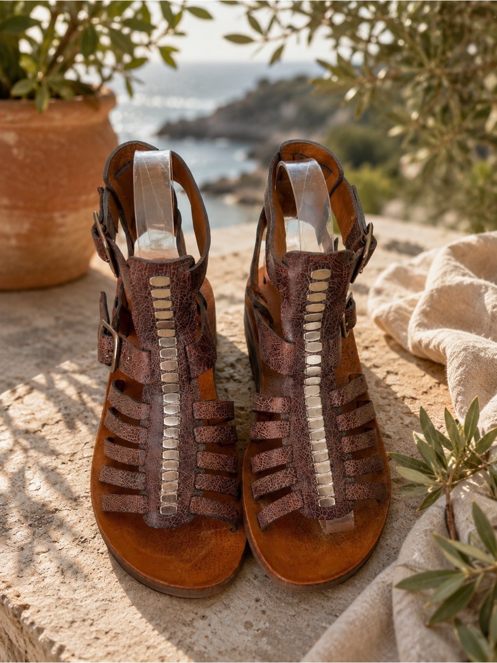 Calleen Cordero Distressed Leather Studded Gladiator Sandals Artisan Boho Sz 6